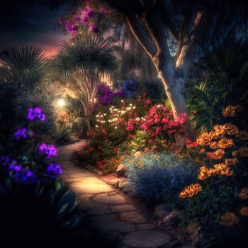 Magic garden in sunlight, beautiful flowers. Beauty in nature. Beautiful garden in realistic style.