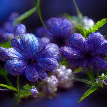 Purple and blue realistic flowers with green stems and leaves.