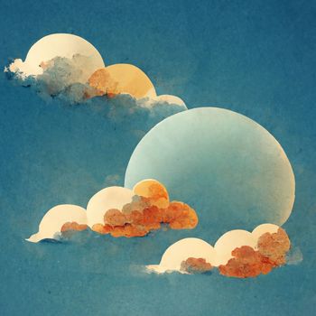 Cloudscape, blue sky with clouds and sun, retro art style.