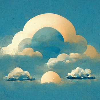 Cloudscape, blue sky with clouds and sun, retro art style.