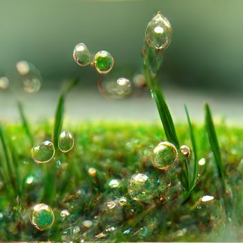 Juicy lush green grass on meadow with drops of water dew in morning.