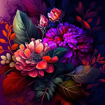 Original floral design with exotic flowers and tropic leaves. Colorful flowers on dark background. 