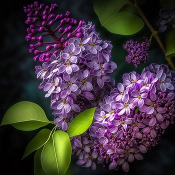 Lilac flowers and leaves closeup, realistic painting. 