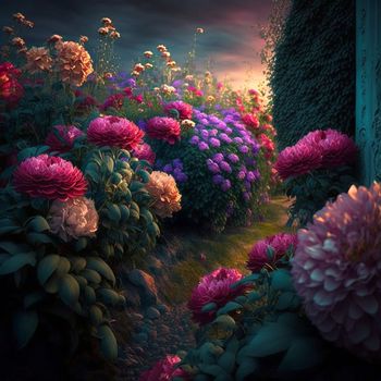 Magic garden in sunlight, beautiful flowers. Beauty in nature. Beautiful garden in realistic style. Digital generated illustration.