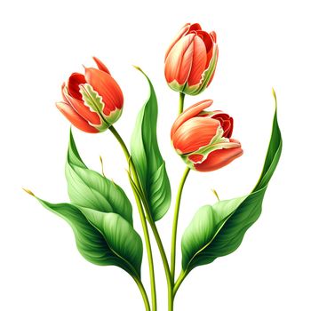Pink tulips bouquet with green leaves. 