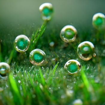 Juicy lush green grass on meadow with drops of water dew in morning light.