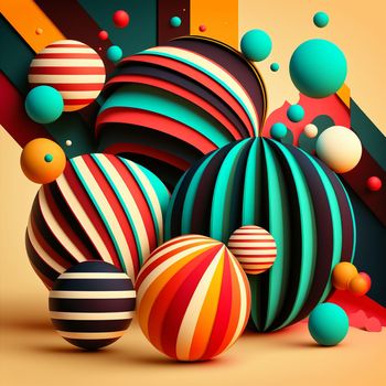 Abstract futuristic contemporary modern cosmic design in cartoon style with spheres, stripes and lines. Digital generated illustration in bright vibrant colors.