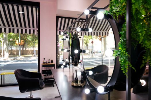 hairdressing area with mirrors of a beauty salon