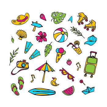 Summer set of symbols. Hand drawn clipart collection