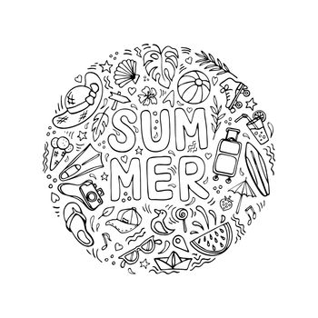 Summer symbols doodle clipart black and white