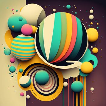 Abstract futuristic contemporary modern cosmic design in cartoon style with spheres, stripes and lines. 