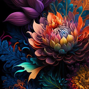 Original floral design with exotic flowers and tropic leaves. Colorful flowers on dark background.