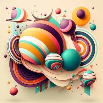 Abstract futuristic contemporary modern cosmic design with spheres and lines in cartoon style.