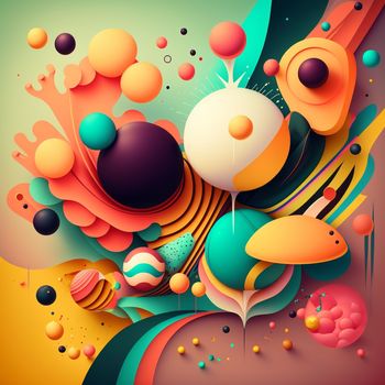 Abstract futuristic contemporary modern cosmic design with spheres and lines in cartoon style. 