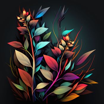 Original floral design with exotic flowers and tropic leaves. Colorful flowers on dark background closeup. 