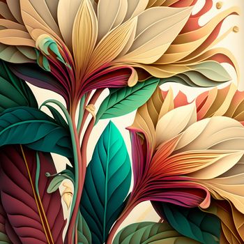 Original floral design with exotic flowers and tropic leaves. Colorful flowers closeup on light background.