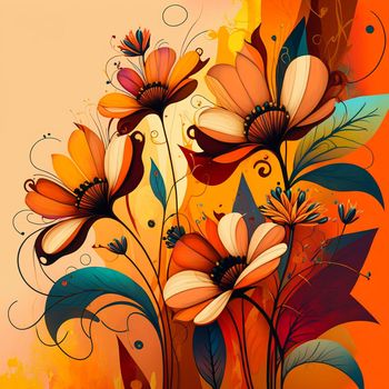 Original floral design with exotic flowers and tropic leaves. Colorful flowers on orange background. 