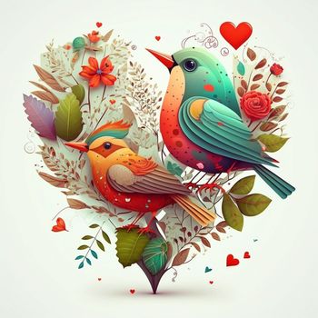 Floral romantic heart, birds and flowers. Valentines love illustration on white background. 