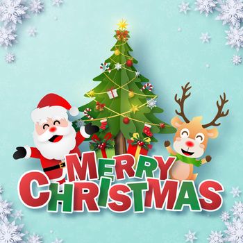 Origami Paper art of Postcard Santa Claus and Reindeer with Christmas tree and text MERRY CHRISTMAS on blue background