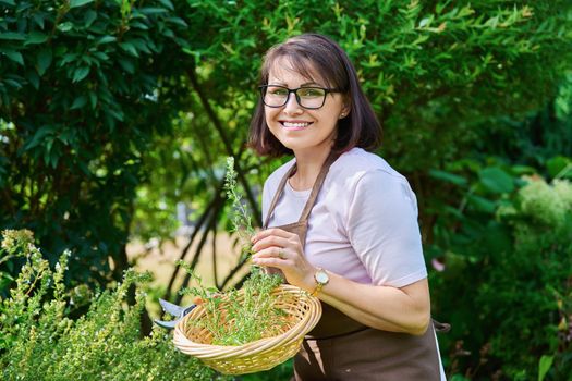 Smiling female with sprig of savory branch, harvesting spicy fragrant herbs