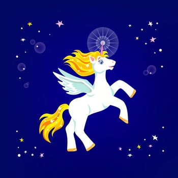 White unicorn with wings, jumping in colourful stars