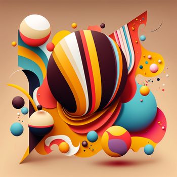 Abstract futuristic contemporary modern cosmic design with spheres, stripes and lines in cartoon style. 