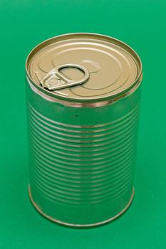 Unopened Tin Can with Blank Edge on Green Background