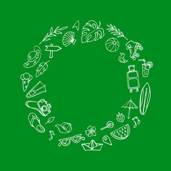 Summer symbols doodle clipart. Green wreath composition