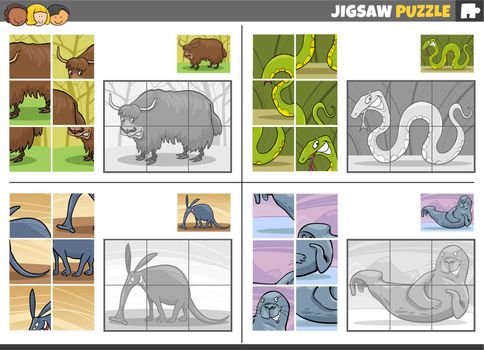Cartoon illustration of educational jigsaw puzzle games set with funny wild animal characters