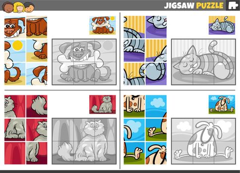 Cartoon illustration of educational jigsaw puzzle task set with funny cats and dogs animal characters