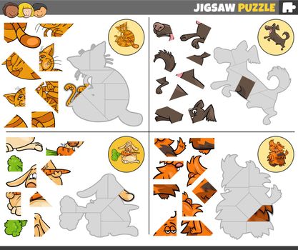 Cartoon illustration of educational jigsaw puzzle games set with funny pets animal characters