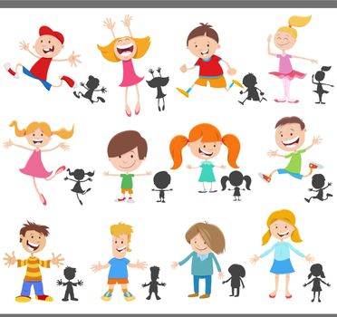 cartoon happy children characters and silhouettes set