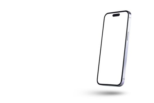 Isolate the phone with a white screen to insert into the project. The new mobile phone is isolated on a white background drops, casting a shadow.