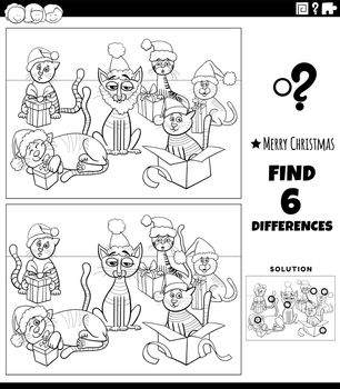 differences task with cats on Christmas coloring page