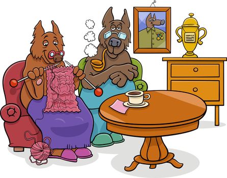 cartoon senior dog characters couple at home