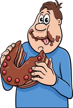 cartoon man character gorging on a delicious cake