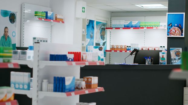 Empty pharmacy retail store with medicaments and treatment on shelves