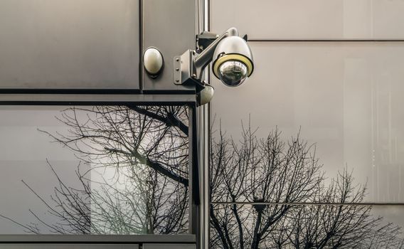 Surveillance camera for mounted on outside wall of Modern building. 