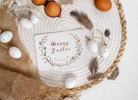Easter mockup with traditional eggs and sack decor