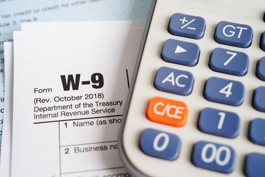 Tax form W-9 Request for Taxpayer Identification Number and Certification, business finance concept.