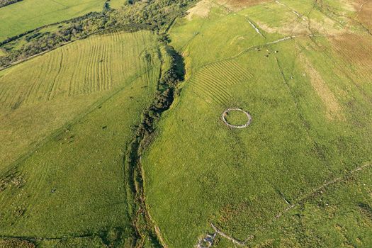 Aerial views of ruins and round sheepfolds at Gortmore in Northern Ireland