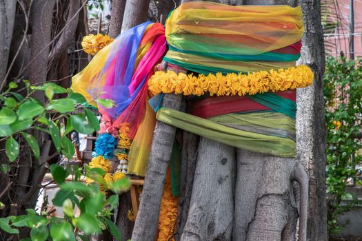 Marigold flower garlands and Fabric colors Colorful wrapped around the tree The multicolored cloth tied around a tree is the belief of the Thai villagers. 