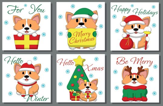 Set Christmas greeting card with cute welsh Corgi