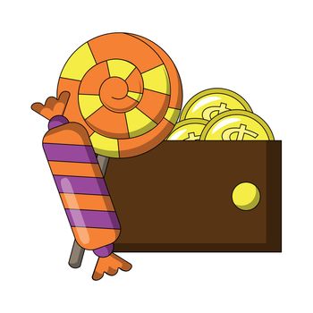 Candy and Wallet with money. Draw illustration in color