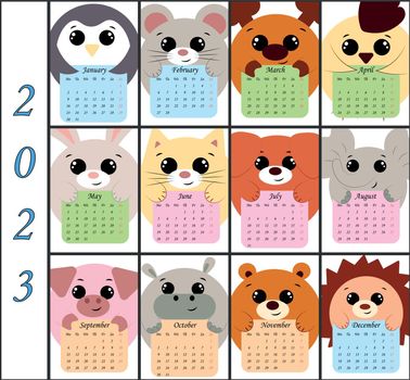 Calendar for 2023 with cute round characters animals