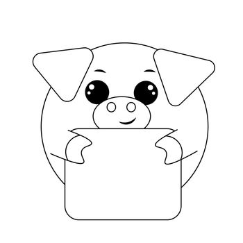 Cute Pig with poster without text in black and white for congratulation