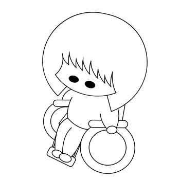 Cartoon cute Asian girl in a wheelchair in black and white