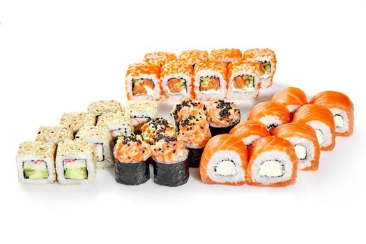 Set of various Japanese sushi rolls for friendly party