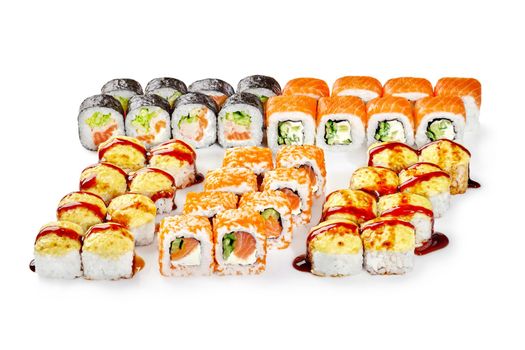 Appetizing Japanese sushi rolls set with salmon, masago, cheese on white