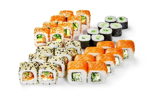 Set of Japanese sushi rolls with salmon, eel, tobiko and vegetables on white